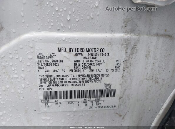 2FMPK4K99LBB50375 2020 FORD EDGE White Widok komory silnika