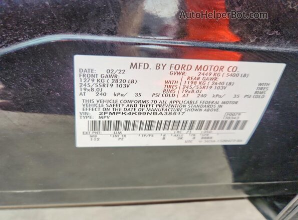 2FMPK4K99NBA38517 2022 FORD EDGE Black 