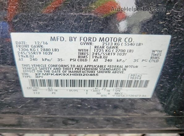 2FMPK4K9XHBB20485 2017 FORD EDGE Black Вид підкапотного простору