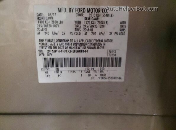 2FMPK4K9XHBB98944 2017 FORD EDGE Tan Vista interior de 360 grados