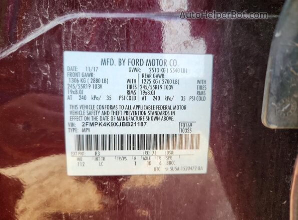 2FMPK4K9XJBB21187 2018 FORD EDGE Maroon ძრავის განყოფილების ხედი