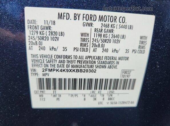 2FMPK4K9XKBB20302 2019 FORD EDGE Синий Панорамный вид салона 360°