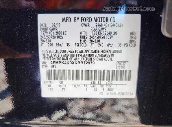 2FMPK4K9XKBB72979 2019 FORD EDGE Black Widok naklejki z numerem VIN