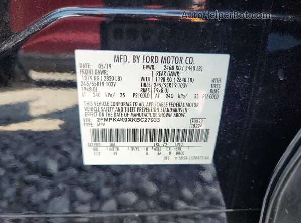 2FMPK4K9XKBC27933 2019 FORD EDGE Black ძრავის განყოფილების ხედი