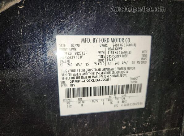 2FMPK4K9XLBA72351 2020 FORD EDGE Black Vista de la etiqueta del VIN