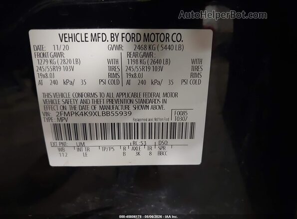 2FMPK4K9XLBB55939 2020 FORD EDGE Black Widok komory silnika