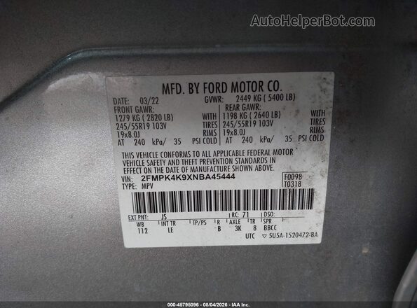 2FMPK4K9XNBA45444 2022 FORD EDGE Silver Vista del compartimento del motor