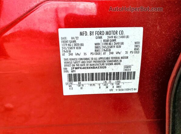 2FMPK4K9XNBA53026 2022 FORD EDGE Red VIN կոդի պիտակի տեսք
