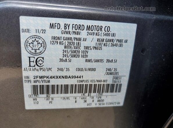 2FMPK4K9XNBA99441 2022 FORD EDGE Gray Widok naklejki z numerem VIN