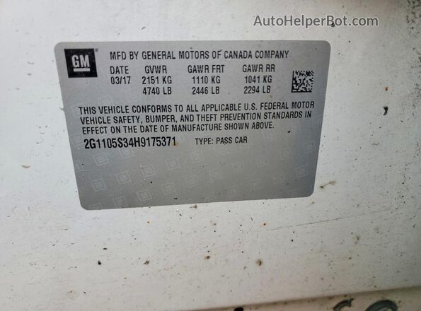 2G1105S34H9175371 2017 CHEVROLET IMPALA Белый Вид наклейки с VIN-кодом