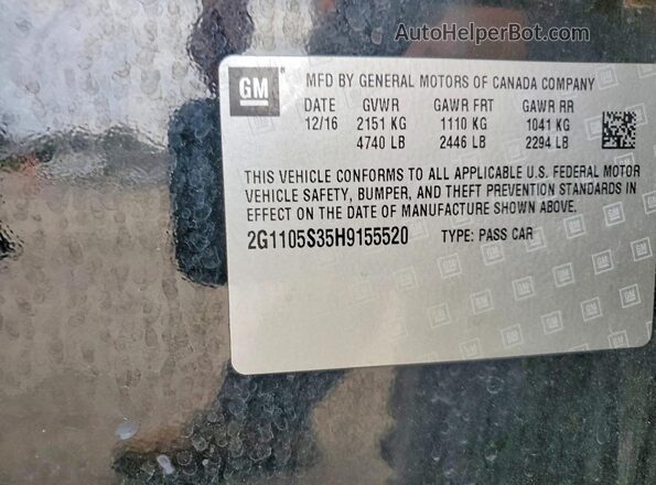 2G1105S35H9155520 2017 CHEVROLET IMPALA Black Vista de la etiqueta del VIN