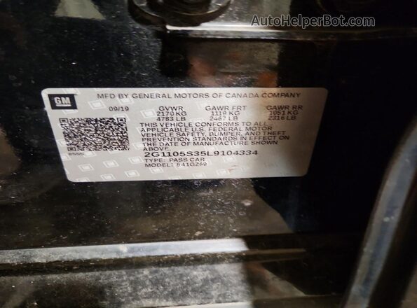 2G1105S35L9104334 2020 CHEVROLET IMPALA Black VIN კოდის სტიკერის ხედი