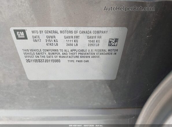 2G1105S37J9115980 2018 CHEVROLET IMPALA Gray Vista del compartimento del motor