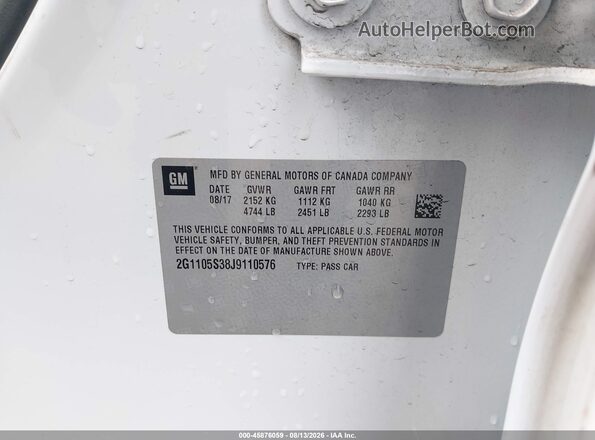 2G1105S38J9110576 2018 CHEVROLET IMPALA White Вид підкапотного простору