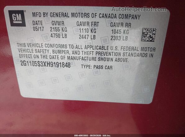 2G1105S3XH9191848 2017 CHEVROLET IMPALA Burgundy Widok komory silnika