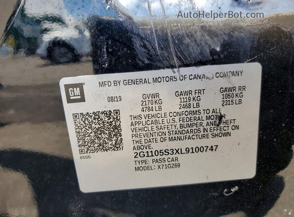 2G1105S3XL9100747 2020 CHEVROLET IMPALA Black VIN კოდის სტიკერის ხედი