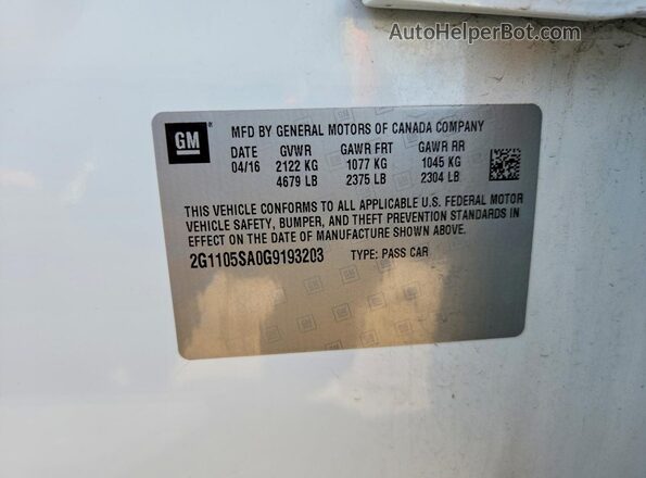2G1105SA0G9193203 2016 CHEVROLET IMPALA White Շարժիչի բաժամունքի տեսք