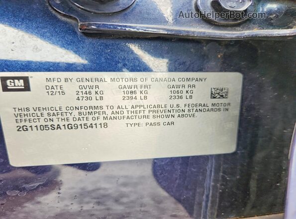 2G1105SA1G9154118 2016 CHEVROLET IMPALA Blue VIN კოდის სტიკერის ხედი