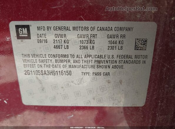 2G1105SA3H9116150 2017 CHEVROLET IMPALA Maroon Engine compartment view