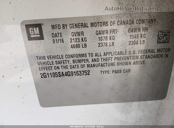 2G1105SA4G9163752 2016 CHEVROLET IMPALA White Vista del compartimento del motor