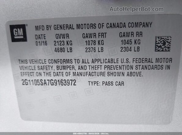 2G1105SA7G9163972 2016 CHEVROLET IMPALA Серебряный Вид подкапотного пространства