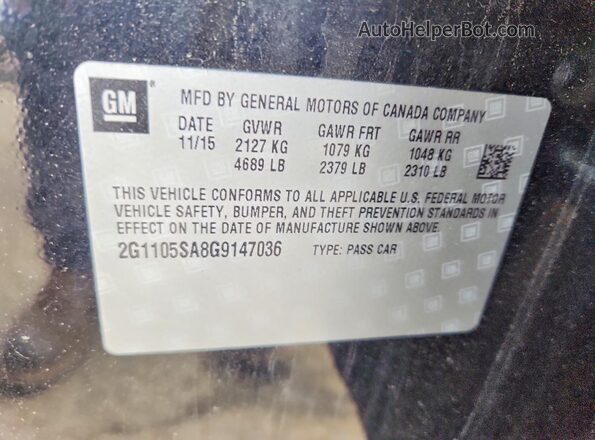 2G1105SA8G9147036 2016 CHEVROLET IMPALA Black VIN კოდის სტიკერის ხედი