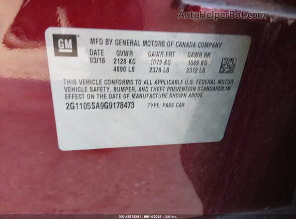 2G1105SA9G9178473 2016 CHEVROLET IMPALA Red Vista del compartimento del motor