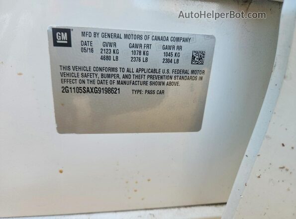 2G1105SAXG9198621 2016 CHEVROLET IMPALA White VIN sticker view