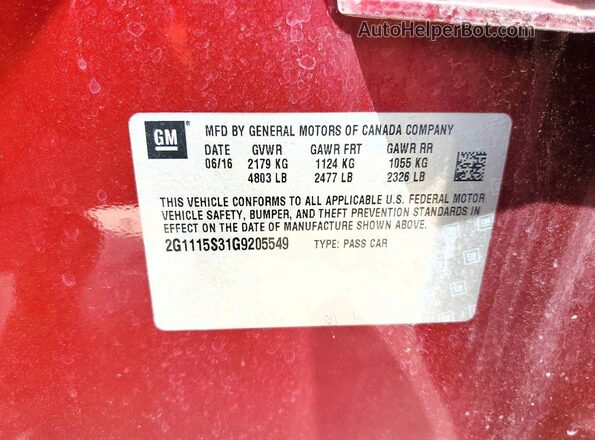 2G1115S31G9205549 2016 CHEVROLET IMPALA Maroon VIN კოდის სტიკერის ხედი
