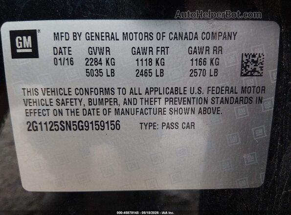 2G1125SN5G9159156 2016 CHEVROLET IMPALA Black Widok komory silnika