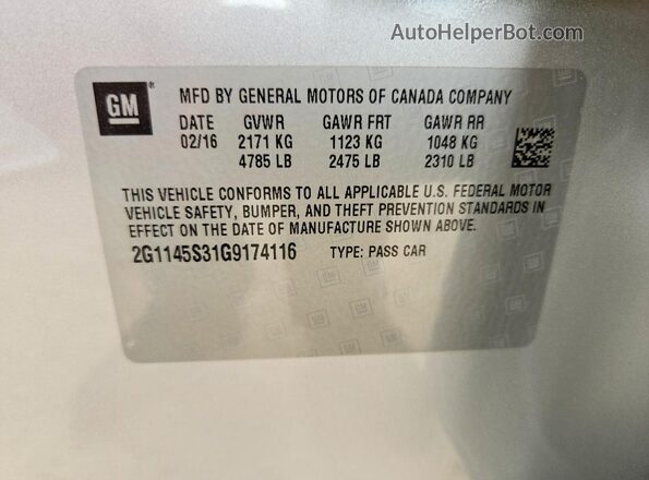 2G1145S31G9174116 2016 CHEVROLET IMPALA Silver VIN sticker view