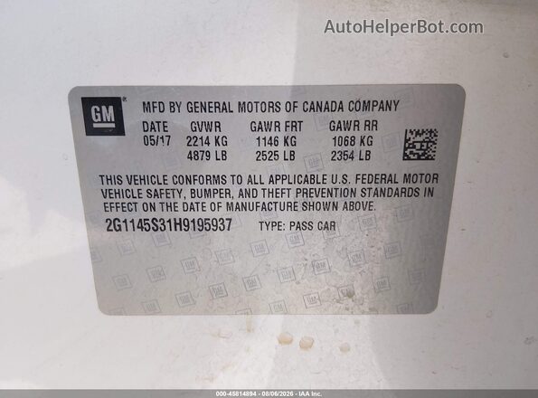 2G1145S31H9195937 2017 CHEVROLET IMPALA Белый Вид подкапотного пространства