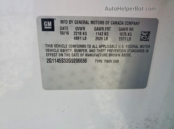 2G1145S32G9206636 2016 CHEVROLET IMPALA Белый Вид наклейки с VIN-кодом