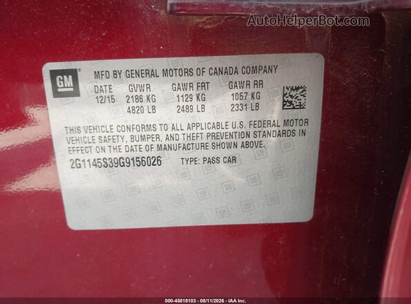 2G1145S39G9156026 2016 CHEVROLET IMPALA Red ძრავის განყოფილების ხედი