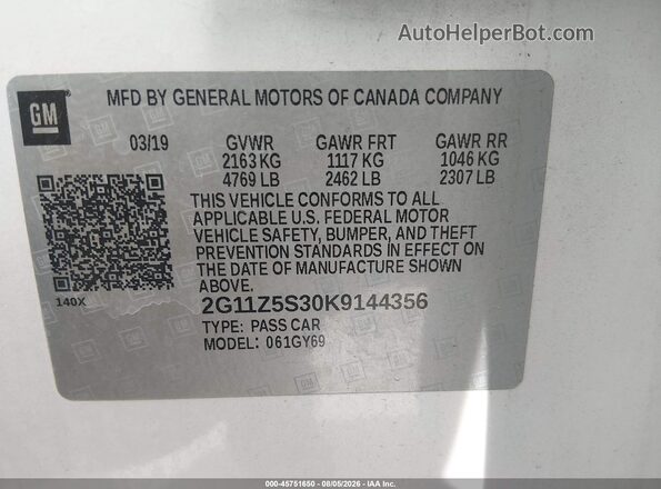 2G11Z5S30K9144356 2019 CHEVROLET IMPALA White ძრავის განყოფილების ხედი