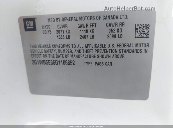 2G1WB5E36G1106352 2016 CHEVROLET IMPALA White Vista del compartimento del motor