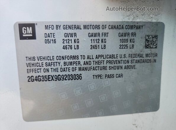 2G4G35EX9G9203036 2016 BUICK REGAL White Вид наклейки з VIN-кодом