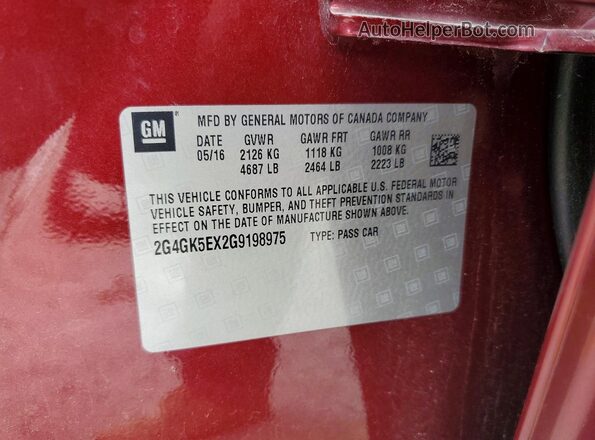 2G4GK5EX2G9198975 2016 BUICK REGAL Red ძრავის განყოფილების ხედი