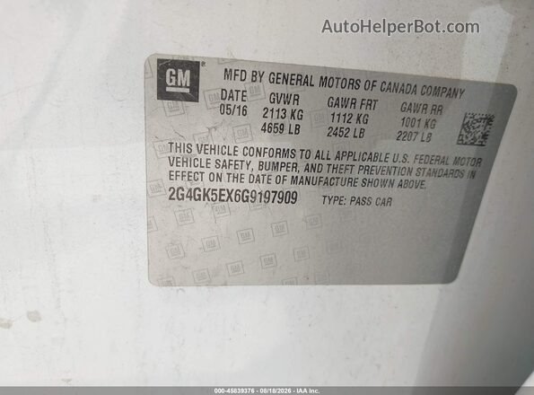 2G4GK5EX6G9197909 2016 BUICK REGAL White Вид підкапотного простору