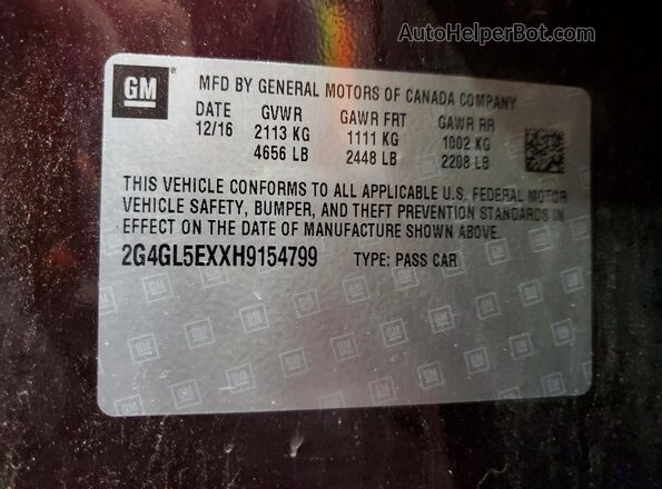 2G4GL5EXXH9154799 2017 BUICK REGAL Burgundy VIN კოდის სტიკერის ხედი