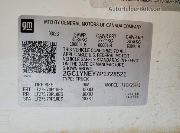 2GC1YNEY7P1728521 2023 CHEVROLET SILVERADO Белый Вид наклейки с VIN-кодом