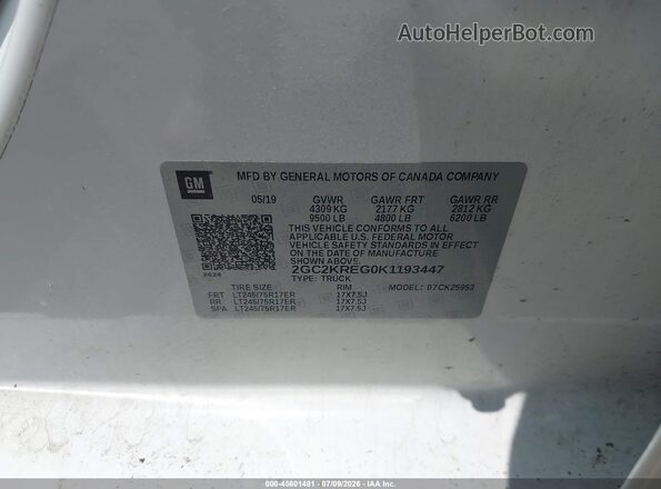 2GC2KREG0K1193447 2019 CHEVROLET SILVERADO Белый Вид подкапотного пространства