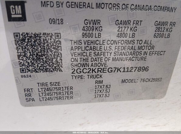 2GC2KREG7K1127896 2019 CHEVROLET SILVERADO White Widok komory silnika