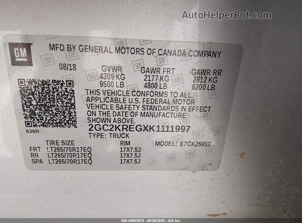 2GC2KREGXK1111997 2019 CHEVROLET SILVERADO Silver Շարժիչի բաժամունքի տեսք