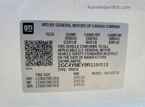 2GC4YNEY9R1194518 2024 CHEVROLET SILVERADO Белый Вид наклейки с VIN-кодом