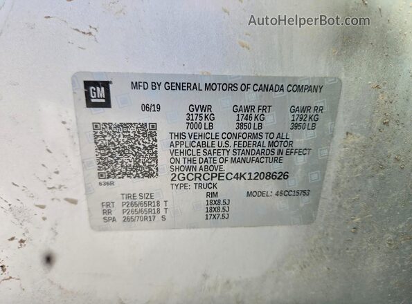 2GCRCPEC4K1208626 2019 CHEVROLET SILVERADO Silver Vista de la etiqueta del VIN