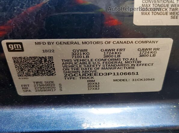 2GCUDEED3P1106651 2023 CHEVROLET SILVERADO Blue Vista de la etiqueta del VIN