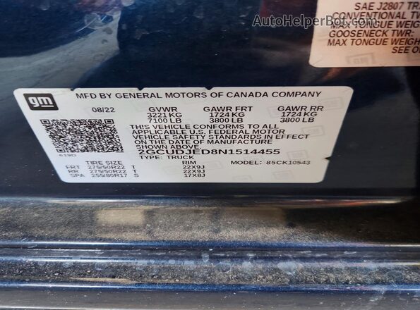 2GCUDJED8N1514455 2022 CHEVROLET SILVERADO Blue Vista del compartimento del motor