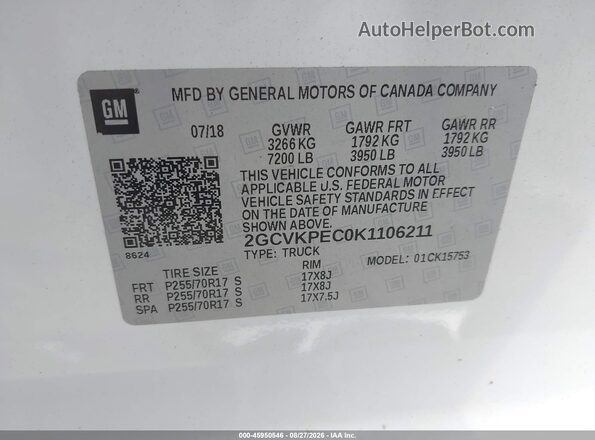2GCVKPEC0K1106211 2019 CHEVROLET SILVERADO White Vista del compartimento del motor