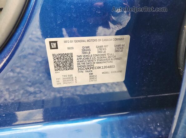 2GCVKPEC0K1204803 2019 CHEVROLET SILVERADO Синий Вид наклейки с VIN-кодом